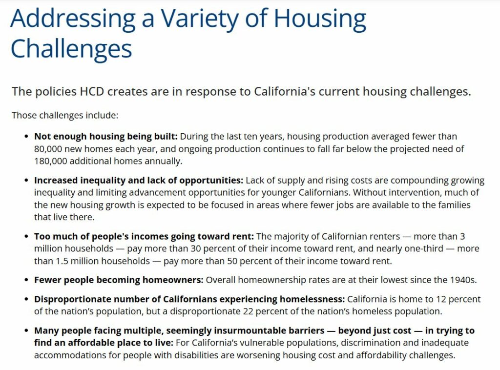 list of housing challenges in CA by HCD